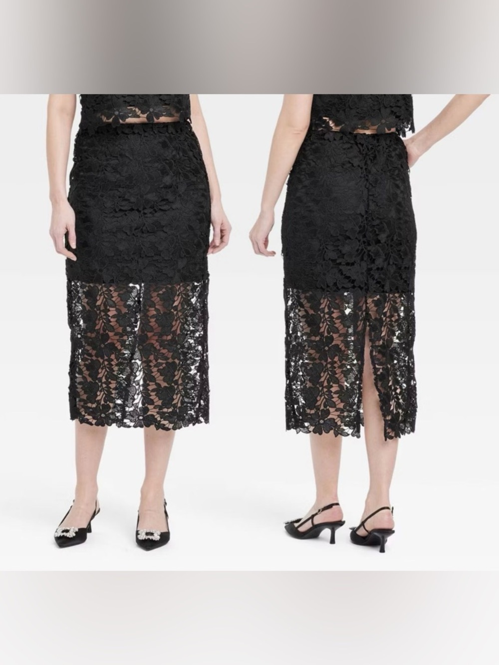 a new day Black Floral Lace Midi Skirt